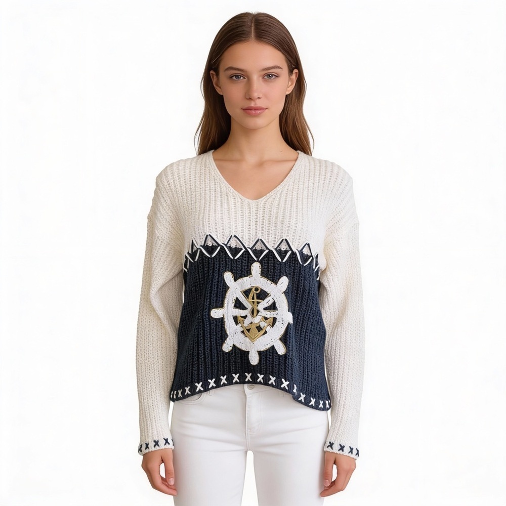APART Vintage Nautical V-Neck Sequin Anchor Sweater Navy Blue & Ivory Size L